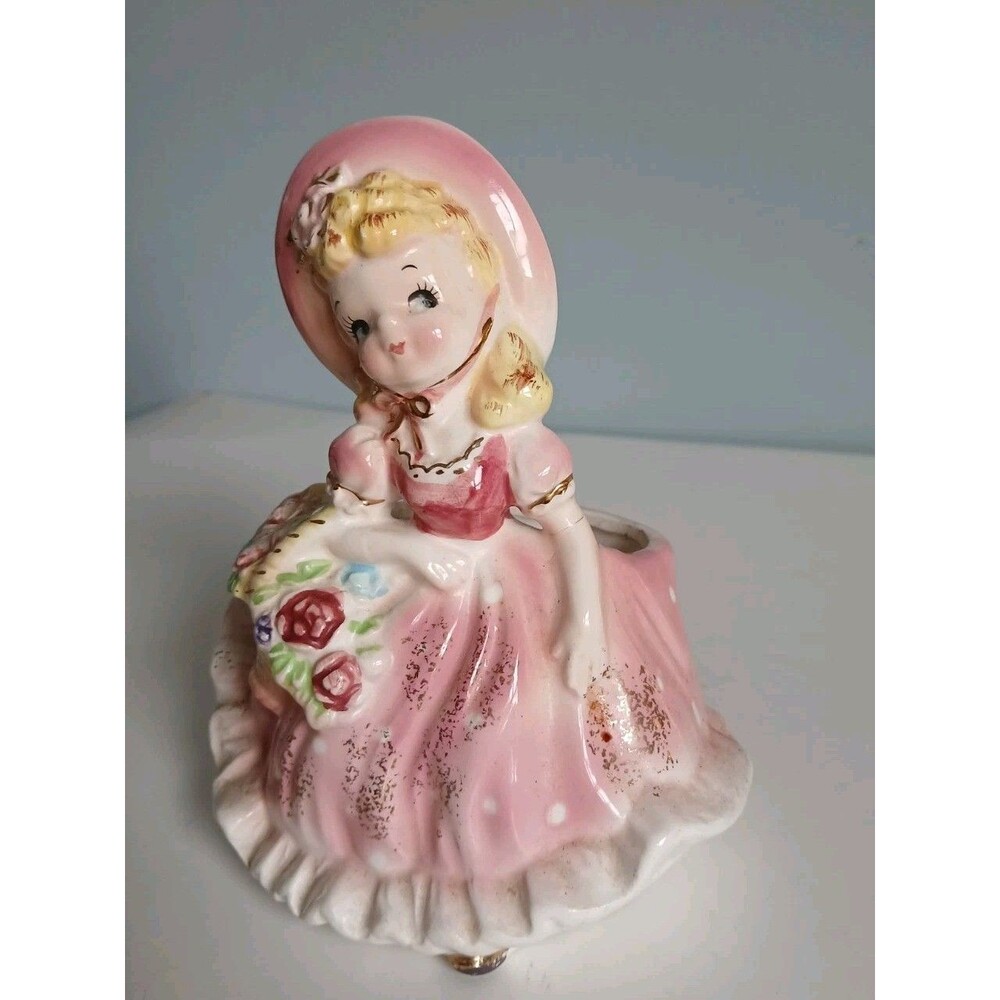 Vtg 1950s Ceramic Southern Belle Ruffled Bottom  Figurine Planter Head Vase Pink
